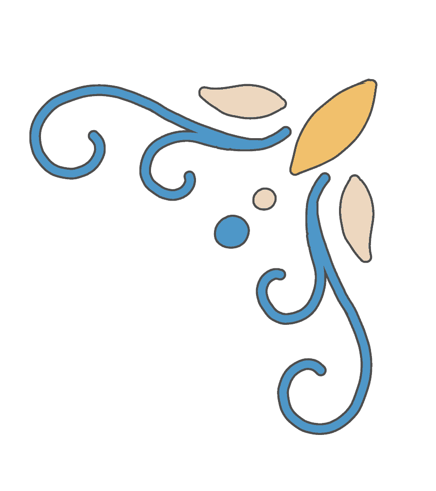 Decorative floral design with swirls and leaves in blue, beige, and gold.