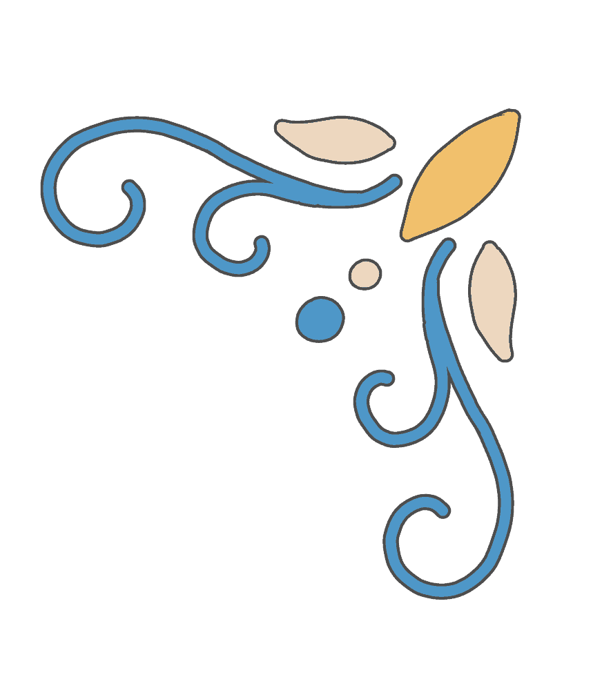Decorative floral design with swirls and leaves in blue, beige, and gold.
