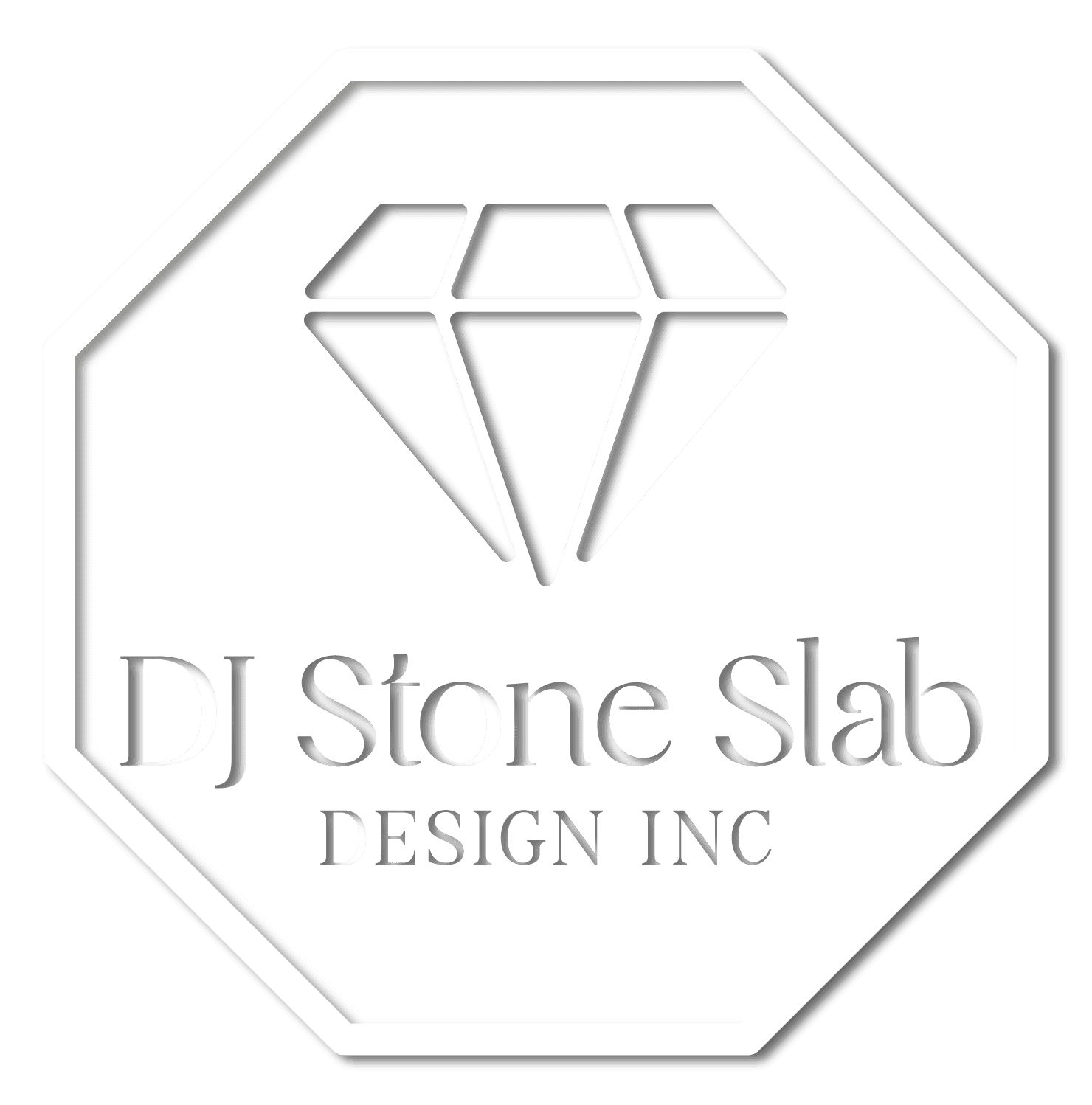 Logo of DJ Stone Slab Design Inc with a diamond icon and elegant text.