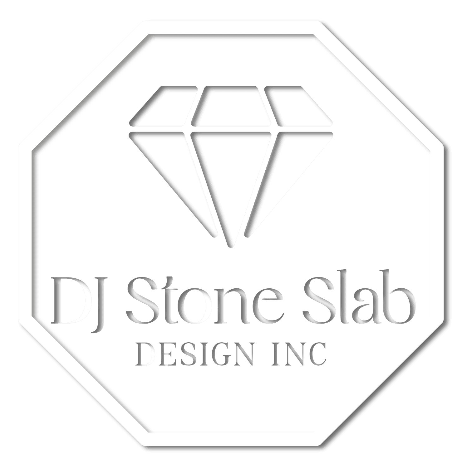 Logo of DJ Stone Slab Design Inc with a diamond icon and elegant text.